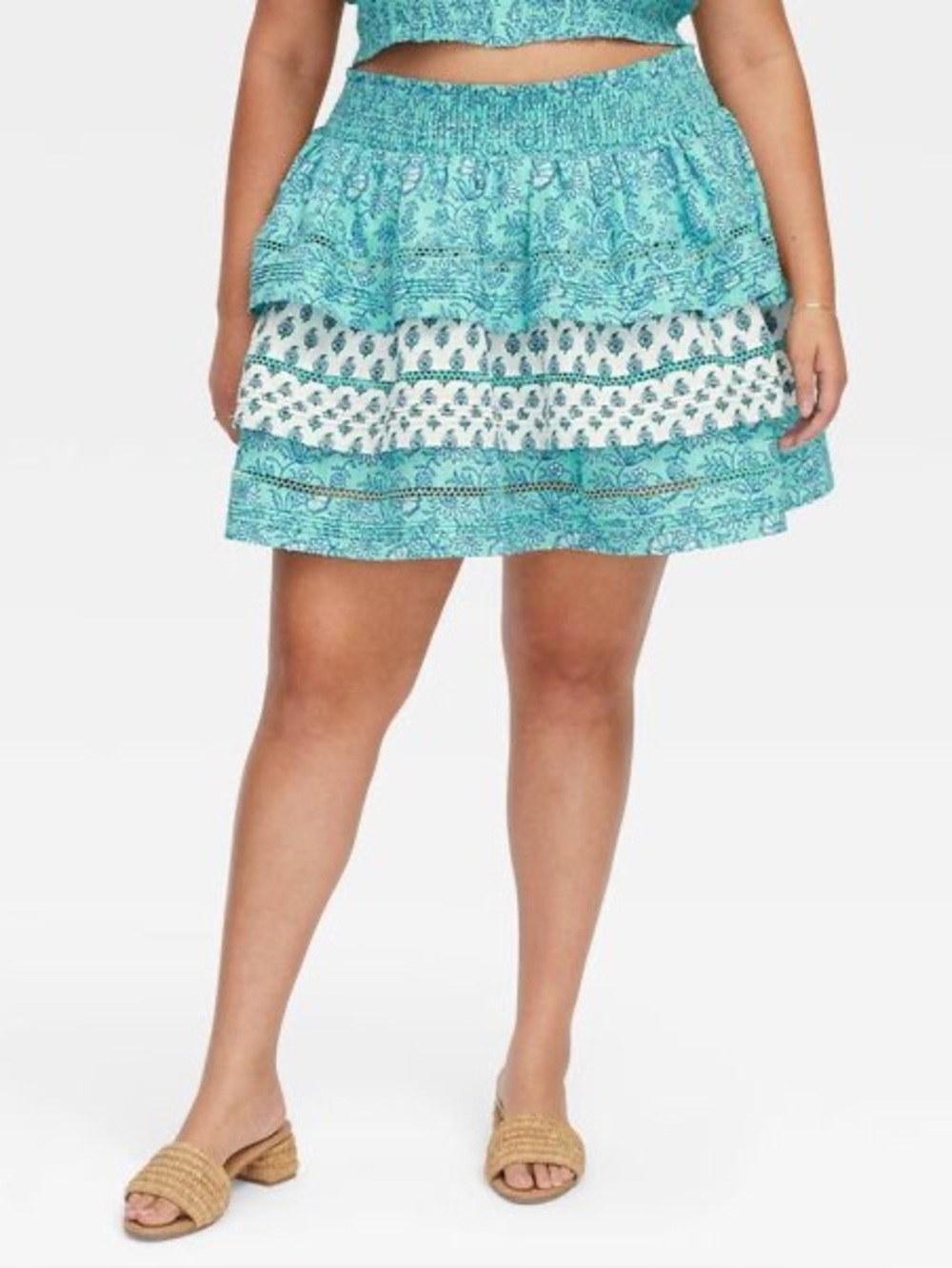 NWOT - Roller Rabbit Garden Floral Bouquet Tiered Mini Skirt in Teal - Size L